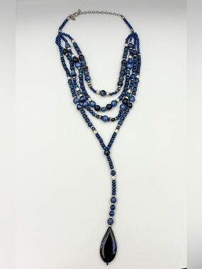Chico's Four Strands Shades Of Blue Acrylic & Glass Beaded Necklace Silvertone